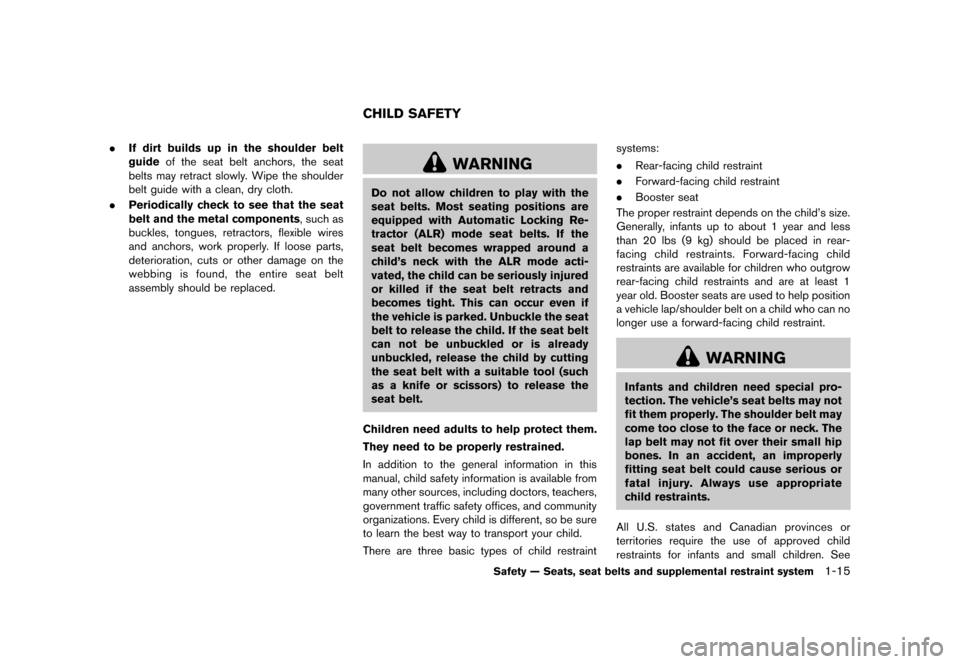 NISSAN JUKE 2013 F15 / 1.G Owners Manual Black plate (31,1)
[ Edit: 2012/ 6/ 29 Model: F15-D ]
.If dirt builds up in the shoulder belt
guide of the seat belt anchors, the seat
belts may retract slowly. Wipe the shoulder
belt guide with a cle