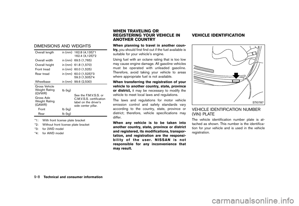 NISSAN JUKE 2013 F15 / 1.G Owners Manual Black plate (324,1)
[ Edit: 2012/ 6/ 29 Model: F15-D ]
9-8Technical and consumer information
DIMENSIONS AND WEIGHTSGUID-35AE1539-5416-49D5-8A28-470835B3B39D
Overall length in (mm) 162.8 (4,135)*1162.4