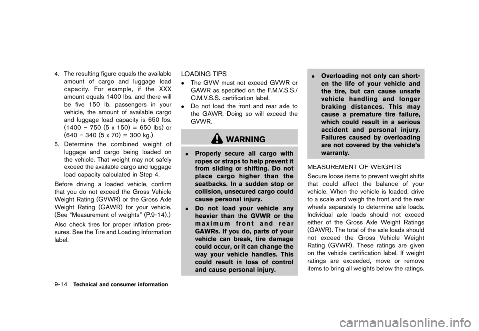 NISSAN JUKE 2013 F15 / 1.G Owners Manual Black plate (330,1)
[ Edit: 2012/ 6/ 29 Model: F15-D ]
9-14Technical and consumer information
4.The resulting figure equals the available
amount of cargo and luggage load
capacity. For example, if the