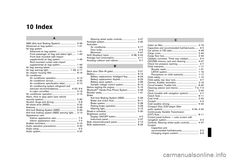 NISSAN JUKE 2013 F15 / 1.G Service Manual Black plate (337,1)
[ Edit: 2012/ 6/ 29 Model: F15-D ]
10 Index
A
ABS (Anti-lock Braking System)...
............................ 5-39
Advanced air bag system ...
......................................