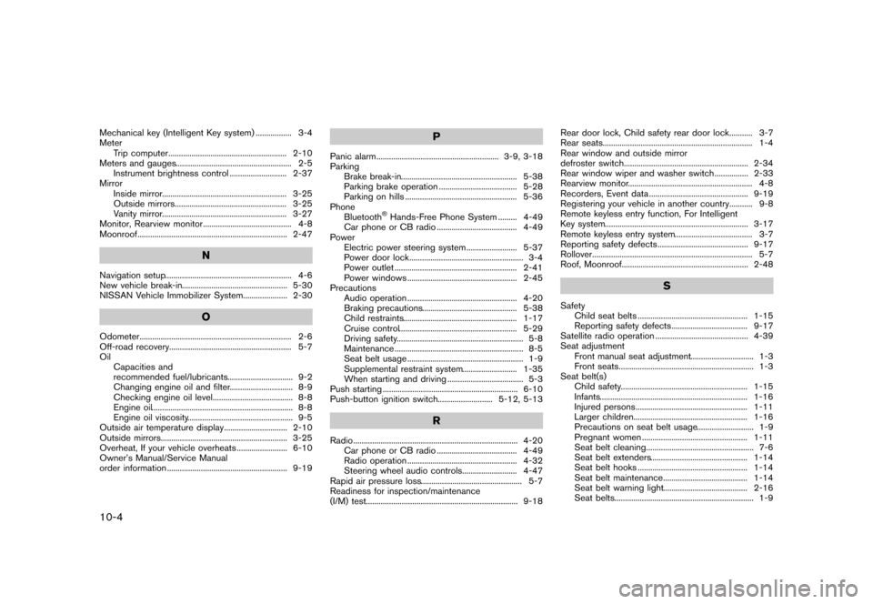 NISSAN JUKE 2013 F15 / 1.G User Guide Black plate (340,1)
[ Edit: 2012/ 6/ 29 Model: F15-D ]
10-4
Mechanical key (Intelligent Key system)...
................. 3-4
Meter Trip computer ...
...................................................