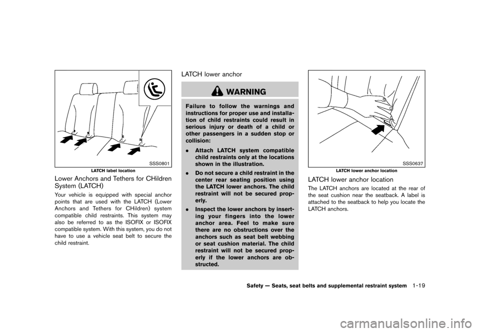 NISSAN JUKE 2013 F15 / 1.G Owners Guide Black plate (35,1)
[ Edit: 2012/ 6/ 29 Model: F15-D ]
SSS0801
LATCH label location
Lower Anchors and Tethers for CHildren
System (LATCH)
GUID-2807D3F6-3A38-45CC-A1BE-B15780CFBA55Your vehicle is equipp