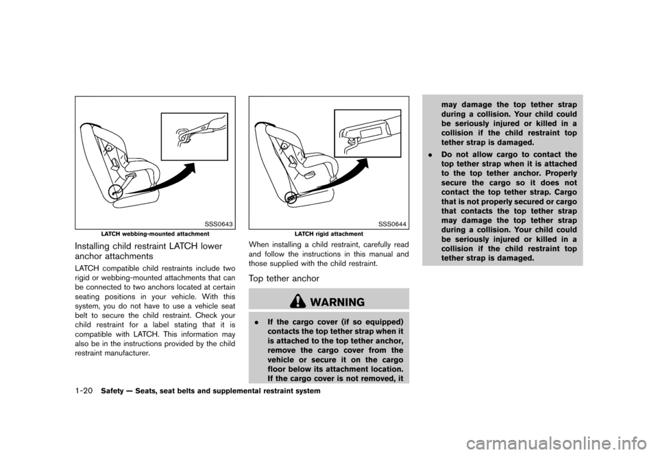 NISSAN JUKE 2013 F15 / 1.G Owners Guide Black plate (36,1)
[ Edit: 2012/ 6/ 29 Model: F15-D ]
1-20Safety — Seats, seat belts and supplemental restraint system
SSS0643
LATCH webbing-mounted attachment
Installing child restraint LATCH lower