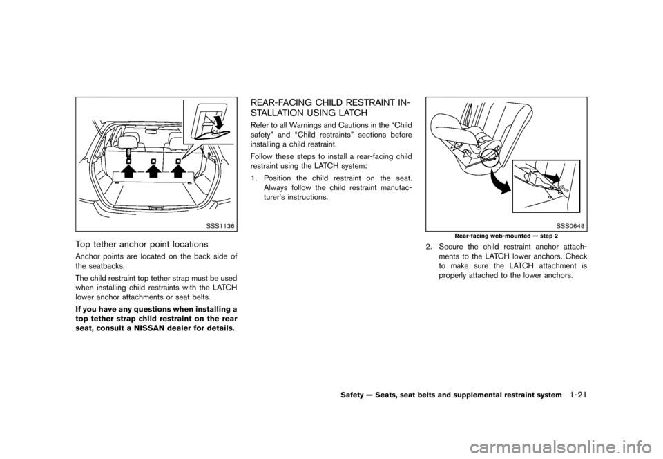 NISSAN JUKE 2013 F15 / 1.G Owners Guide Black plate (37,1)
[ Edit: 2012/ 6/ 29 Model: F15-D ]
SSS1136
Top tether anchor point locationsGUID-736E1361-7B47-4C6A-81AB-E737B204EE42Anchor points are located on the back side of
the seatbacks.
The