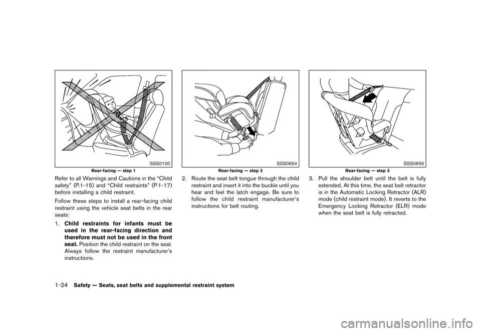 NISSAN JUKE 2013 F15 / 1.G Service Manual Black plate (40,1)
[ Edit: 2012/ 6/ 29 Model: F15-D ]
1-24Safety — Seats, seat belts and supplemental restraint system
SSS0100
Rear-facing — step 1
Refer to all Warnings and Cautions in the “Chi