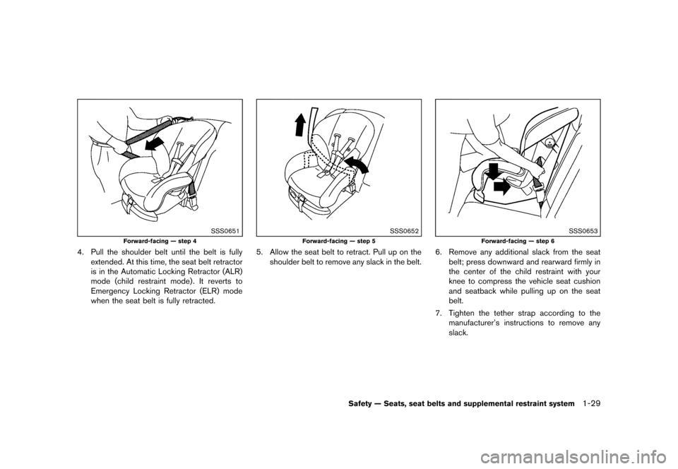 NISSAN JUKE 2013 F15 / 1.G Service Manual Black plate (45,1)
[ Edit: 2012/ 6/ 29 Model: F15-D ]
SSS0651
Forward-facing — step 4
4. Pull the shoulder belt until the belt is fullyextended. At this time, the seat belt retractor
is in the Autom