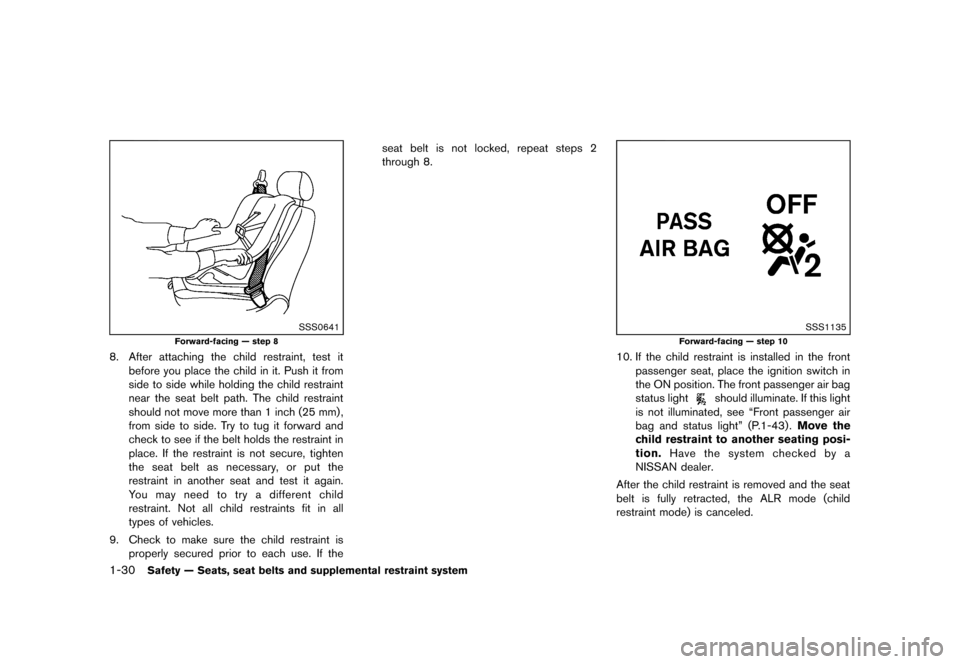 NISSAN JUKE 2013 F15 / 1.G Service Manual Black plate (46,1)
[ Edit: 2012/ 6/ 29 Model: F15-D ]
1-30Safety — Seats, seat belts and supplemental restraint system
SSS0641
Forward-facing — step 8
8. After attaching the child restraint, test 