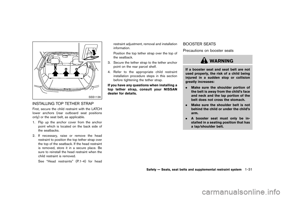 NISSAN JUKE 2013 F15 / 1.G Service Manual Black plate (47,1)
[ Edit: 2012/ 6/ 29 Model: F15-D ]
SSS1136
INSTALLING TOP TETHER STRAPGUID-B9FC0520-549B-4D5E-AD49-35B6C24692DCFirst, secure the child restraint with the LATCH
lower anchors (rear o