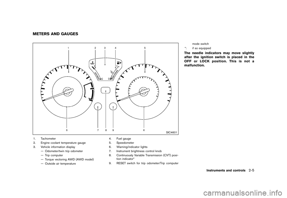 NISSAN JUKE 2013 F15 / 1.G Manual PDF Black plate (71,1)
[ Edit: 2012/ 6/ 29 Model: F15-D ]
GUID-DF36AE97-4508-4B81-8D84-DB4C25F6792E
SIC4601
1. Tachometer
2. Engine coolant temperature gauge
3. Vehicle information display— Odometer/twi
