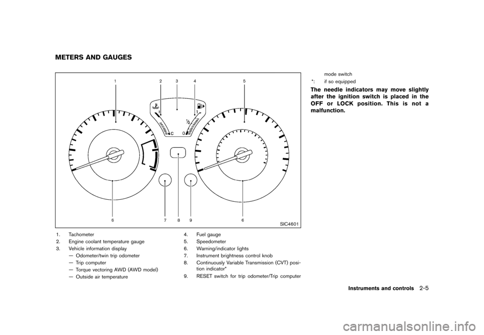 NISSAN JUKE 2013 F15 / 1.G Owners Manual Black plate (71,1)
[ Edit: 2012/ 6/ 29 Model: F15-D ]
GUID-DF36AE97-4508-4B81-8D84-DB4C25F6792E
SIC4601
1. Tachometer
2. Engine coolant temperature gauge
3. Vehicle information display— Odometer/twi