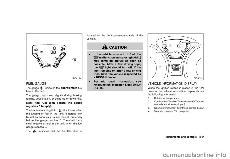 NISSAN JUKE 2013 F15 / 1.G Manual PDF Black plate (75,1)
[ Edit: 2012/ 6/ 29 Model: F15-D ]
SIC4124
FUEL GAUGEGUID-353F5508-A471-4C58-AF18-C779D3376019The gauge*1indicates theapproximate fuel
level in the tank.
The gauge may move slightly