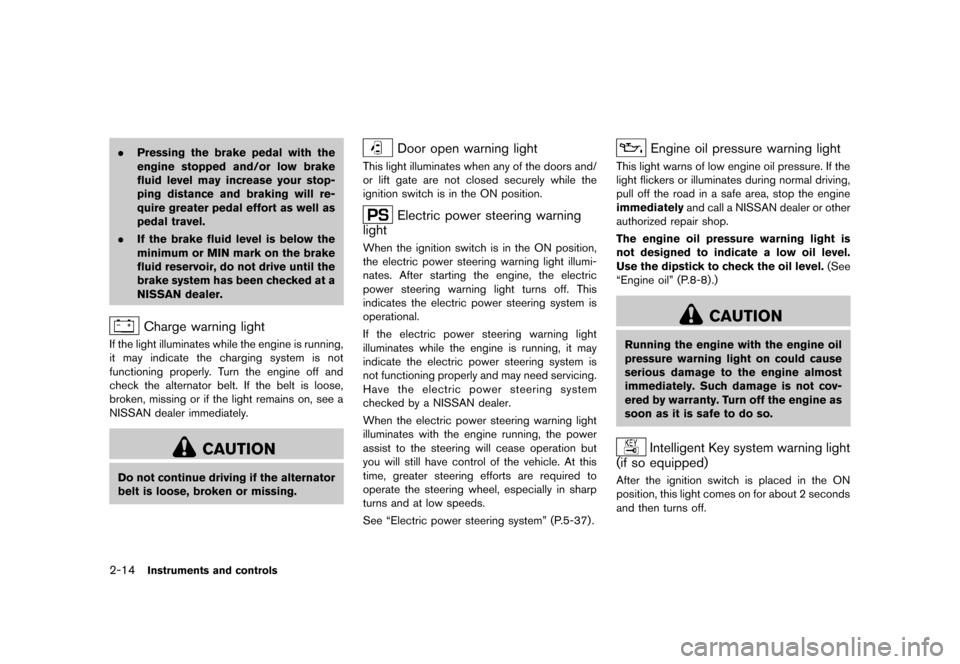 NISSAN JUKE 2013 F15 / 1.G Owners Manual Black plate (80,1)
[ Edit: 2012/ 6/ 29 Model: F15-D ]
2-14Instruments and controls
.Pressing the brake pedal with the
engine stopped and/or low brake
fluid level may increase your stop-
ping distance 