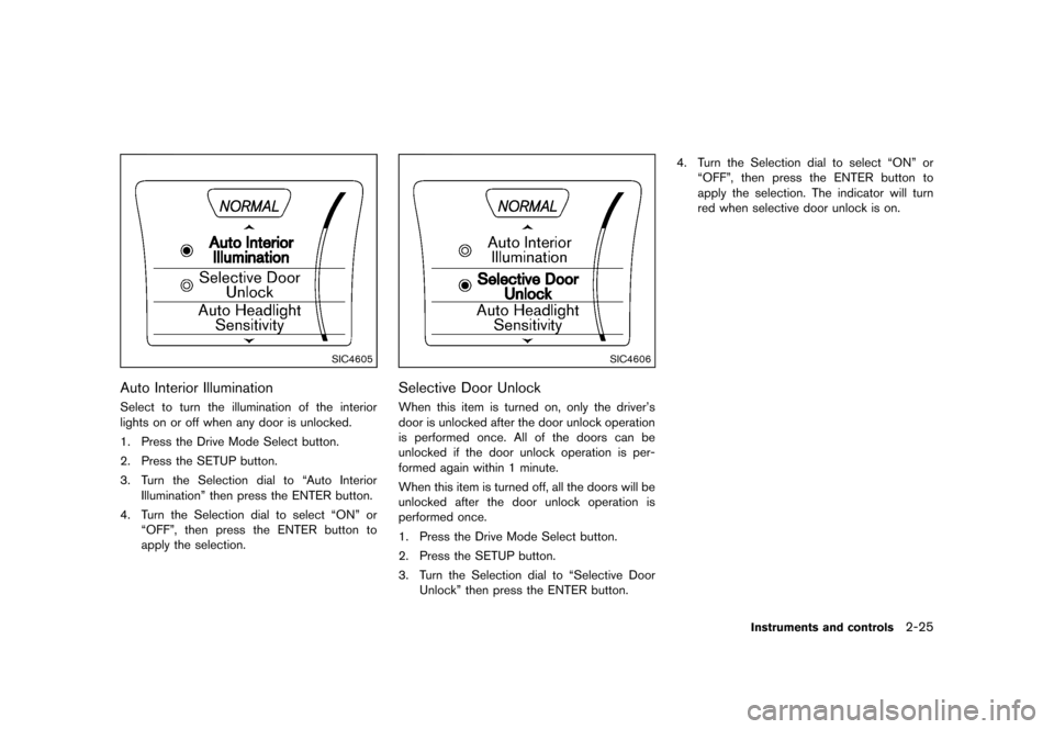 NISSAN JUKE 2013 F15 / 1.G Owners Manual Black plate (91,1)
[ Edit: 2012/ 6/ 29 Model: F15-D ]
SIC4605
Auto Interior IlluminationGUID-73C0C534-32F7-4478-94B8-BD493A21A348Select to turn the illumination of the interior
lights on or off when a