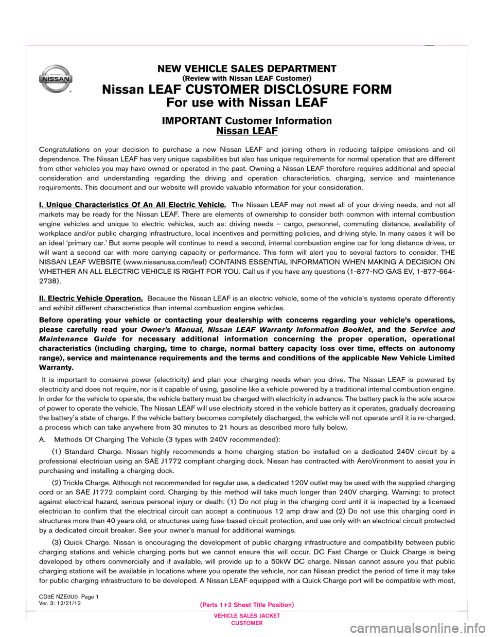 NISSAN LEAF 2013 1.G Customer Disclosure Form (P arts 1 + 2 S heet T it le P osit io n)
V \b H IC L\b S AL\b S J A C \f\bT
C U STO M \bR
Pro of # 9 12\f2 1\f1 2 fr o m E xa c t R ep eat 0 8\f0 9\f1 2 6 970 J6 49 851 4
LE A F C usto m NISSAN LEAF 2013 1.G Customer Disclosure Form (P arts 1 + 2 S heet T it le P osit io n)
V \b H IC L\b S AL\b S J A C \f\bT
C U STO M \bR
Pro of # 9 12\f2 1\f1 2 fr o m E xa c t R ep eat 0 8\f0 9\f1 2 6 970 J6 49 851 4
LE A F C usto m