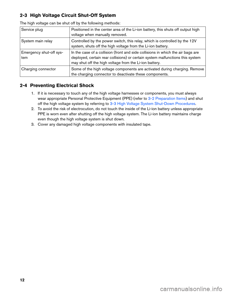 NISSAN LEAF 2013 1.G Dismantling Guide 2-3 High Voltage Circuit Shut-Off System
The
high voltage can be shut off by the following methods: Service plug
Positioned in the center area of the Li-ion battery, this shuts off output high
voltage