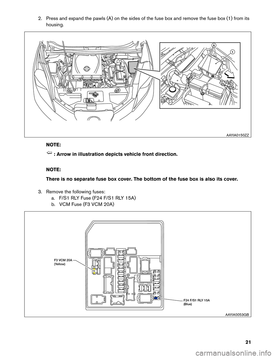 NISSAN LEAF 2013 1.G Dismantling Guide 2. Press and expand the pawls (A) on the sides of the fuse box and remove the fuse box (1) from its
housing.
NO
TE: : Arrow in illustration depicts vehicle front direction.
NO

TE:
There is no separat
