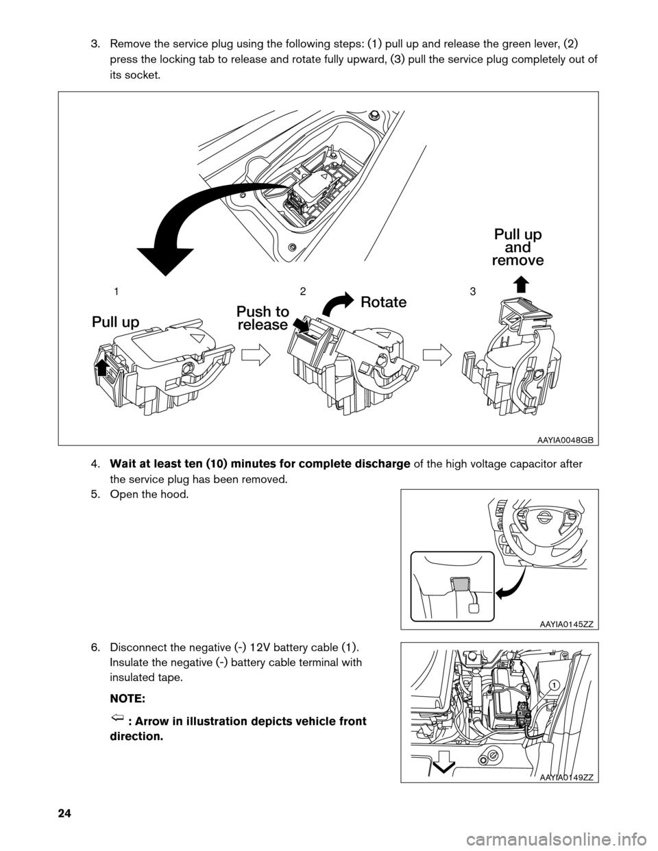 NISSAN LEAF 2013 1.G Dismantling Guide 3. Remove the service plug using the following steps: (1) pull up and release the green lever, (2)
press the locking tab to release and rotate fully upward, (3) pull the service plug completely out of NISSAN LEAF 2013 1.G Dismantling Guide 3. Remove the service plug using the following steps: (1) pull up and release the green lever, (2)
press the locking tab to release and rotate fully upward, (3) pull the service plug completely out of