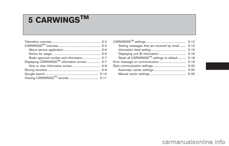 NISSAN LEAF 2013 1.G Navigation Manual 5 CARWINGSTM
Telematics overview .................................................................. 5-2
CARWINGSTMoverview.......................................................... 5-4
About service a