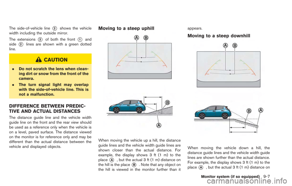 NISSAN LEAF 2013 1.G Navigation Manual The side-of-vehicle line*2shows the vehicle
width including the outside mirror.
The extensions
*3of both the front*1and
side
*2lines are shown with a green dotted
line.
CAUTION
. Do not scratch the le