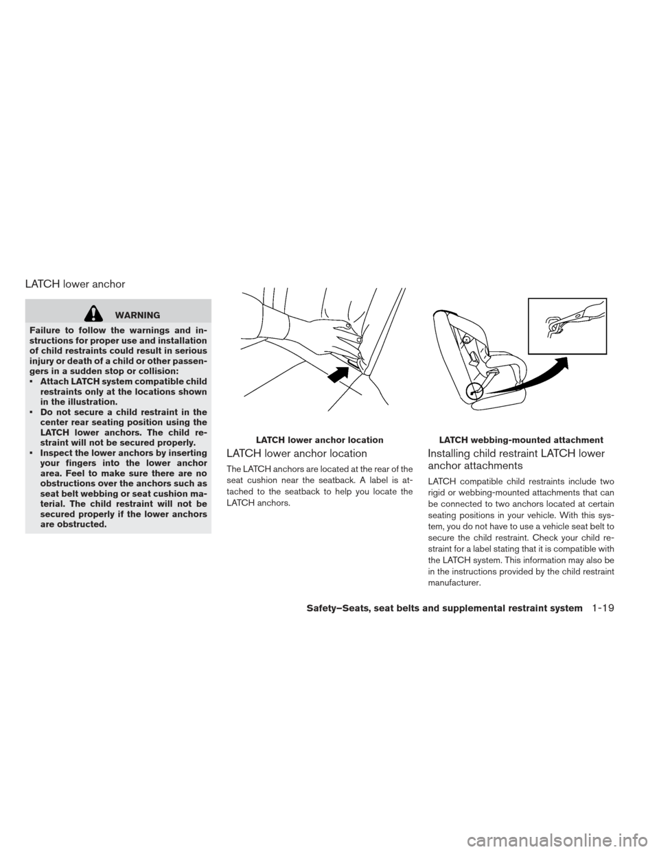 NISSAN LEAF 2013 1.G Owners Manual LATCH lower anchor
WARNING
Failure to follow the warnings and in-
structions for proper use and installation
of child restraints could result in serious
injury or death of a child or other passen-
ger