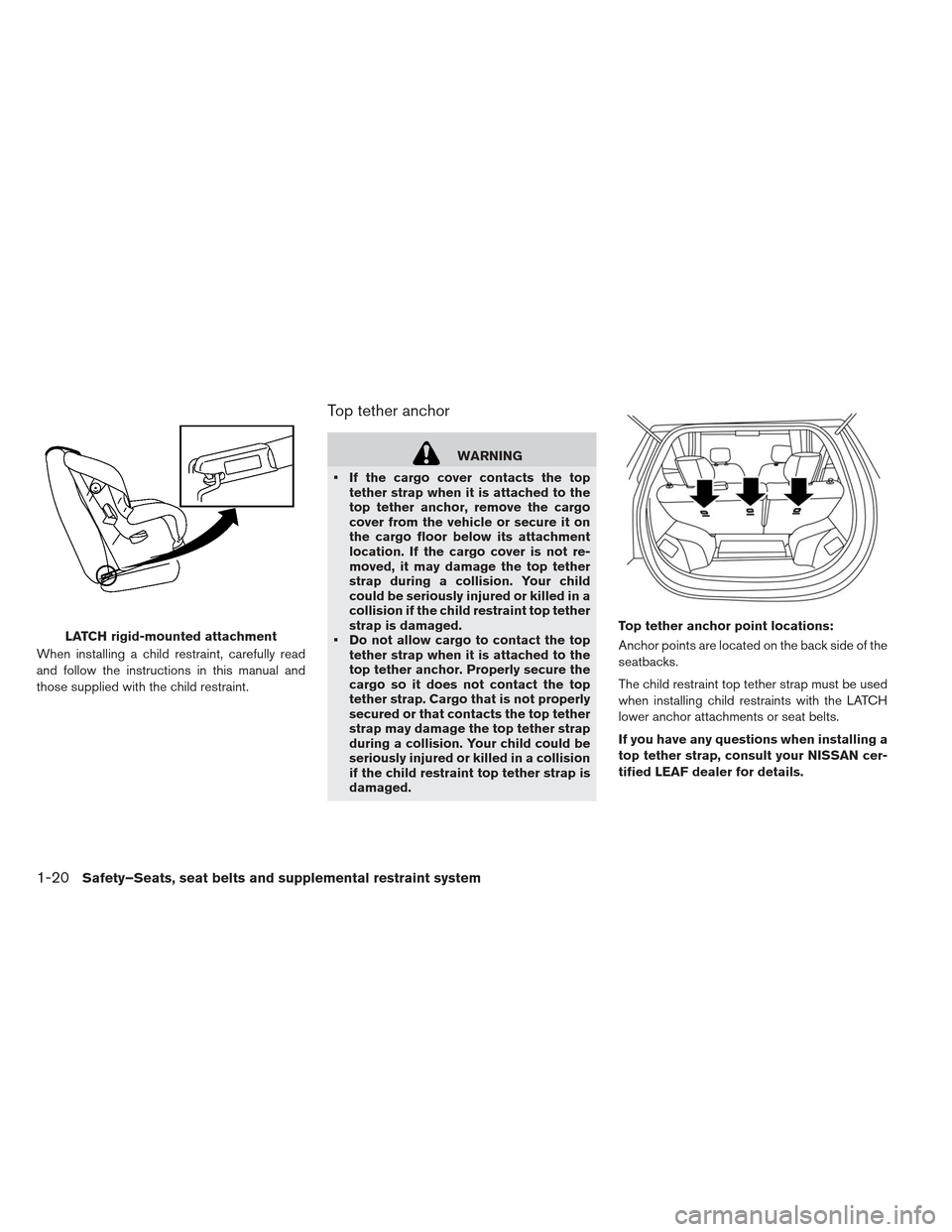 NISSAN LEAF 2013 1.G Owners Manual When installing a child restraint, carefully read
and follow the instructions in this manual and
those supplied with the child restraint.
Top tether anchor
WARNING
 If the cargo cover contacts the top