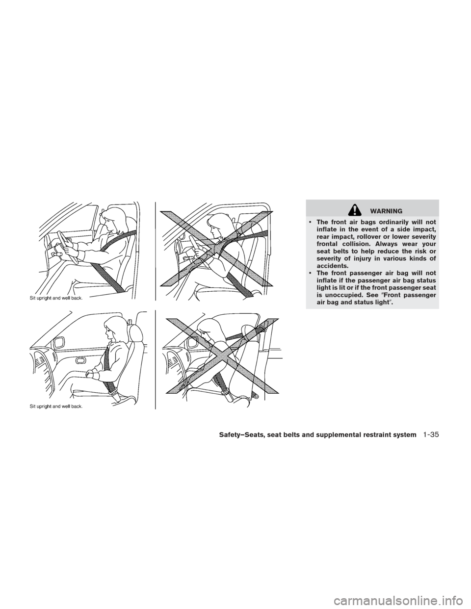 NISSAN LEAF 2013 1.G Service Manual WARNING
 The front air bags ordinarily will not inflate in the event of a side impact,
rear impact, rollover or lower severity
frontal collision. Always wear your
seat belts to help reduce the risk or