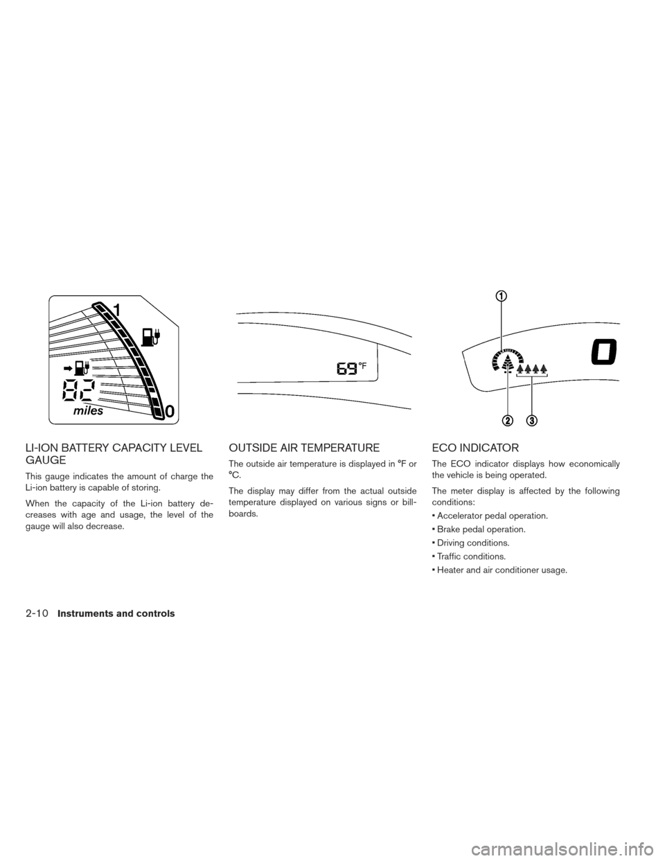 NISSAN LEAF 2013 1.G Owners Manual LI-ION BATTERY CAPACITY LEVEL
GAUGE
This gauge indicates the amount of charge the
Li-ion battery is capable of storing.
When the capacity of the Li-ion battery de-
creases with age and usage, the leve