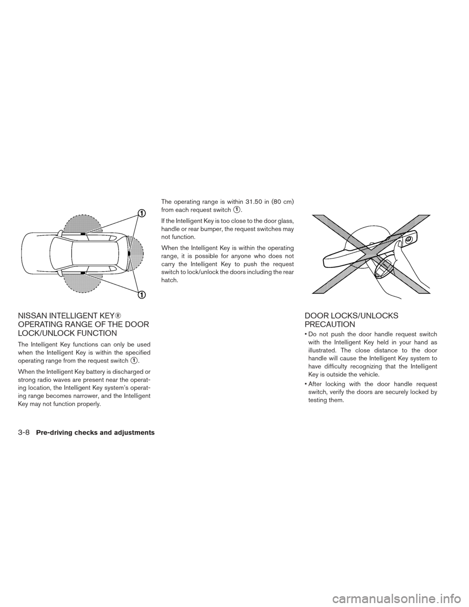 NISSAN LEAF 2013 1.G Owners Manual NISSAN INTELLIGENT KEY®
OPERATING RANGE OF THE DOOR
LOCK/UNLOCK FUNCTION
The Intelligent Key functions can only be used
when the Intelligent Key is within the specified
operating range from the reque