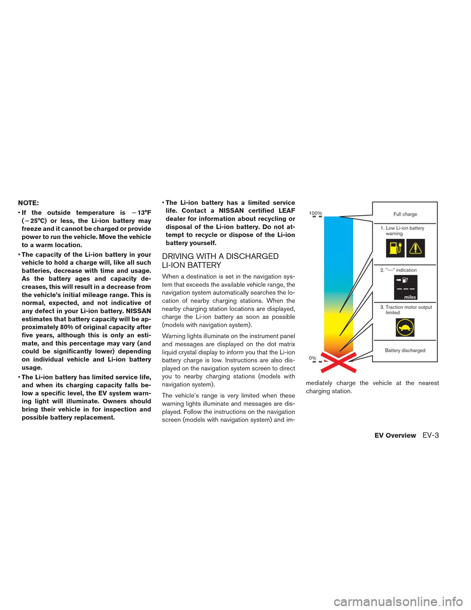 NISSAN LEAF 2013 1.G Owners Manual NOTE:
If the outside temperature is 13°F
(25°C) or less, the Li-ion battery may
freeze and it cannot be charged or provide
power to run the vehicle. Move the vehicle
to a warm location.
 The capac