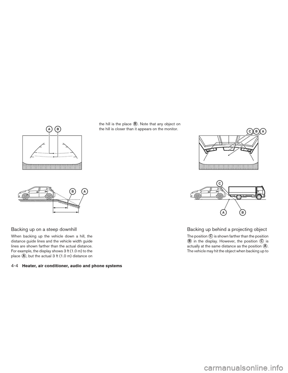 NISSAN LEAF 2013 1.G Owners Manual Backing up on a steep downhill
When backing up the vehicle down a hill, the
distance guide lines and the vehicle width guide
lines are shown farther than the actual distance.
For example, the display 