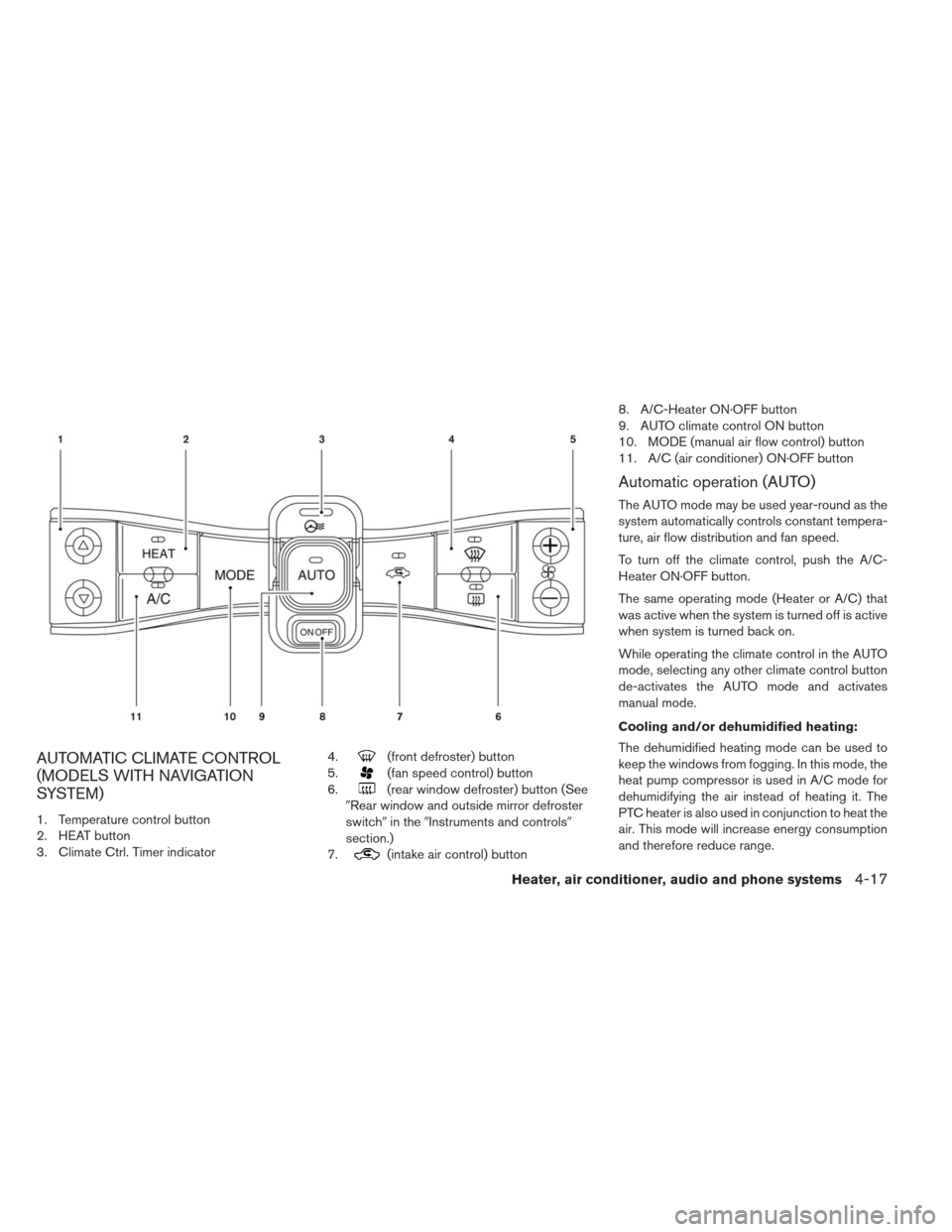 NISSAN LEAF 2013 1.G Owners Manual AUTOMATIC CLIMATE CONTROL
(MODELS WITH NAVIGATION
SYSTEM)
1. Temperature control button
2. HEAT button
3. Climate Ctrl. Timer indicator4.
(front defroster) button
5.
(fan speed control) button
6.
(rea