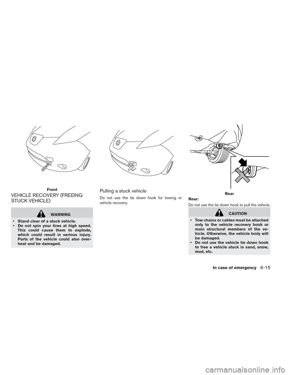 NISSAN LEAF 2013 1.G Owners Manual VEHICLE RECOVERY (FREEING
STUCK VEHICLE)
WARNING
 Stand clear of a stuck vehicle.
 Do not spin your tires at high speed. This could cause them to explode,
which could result in serious injury.
Parts o