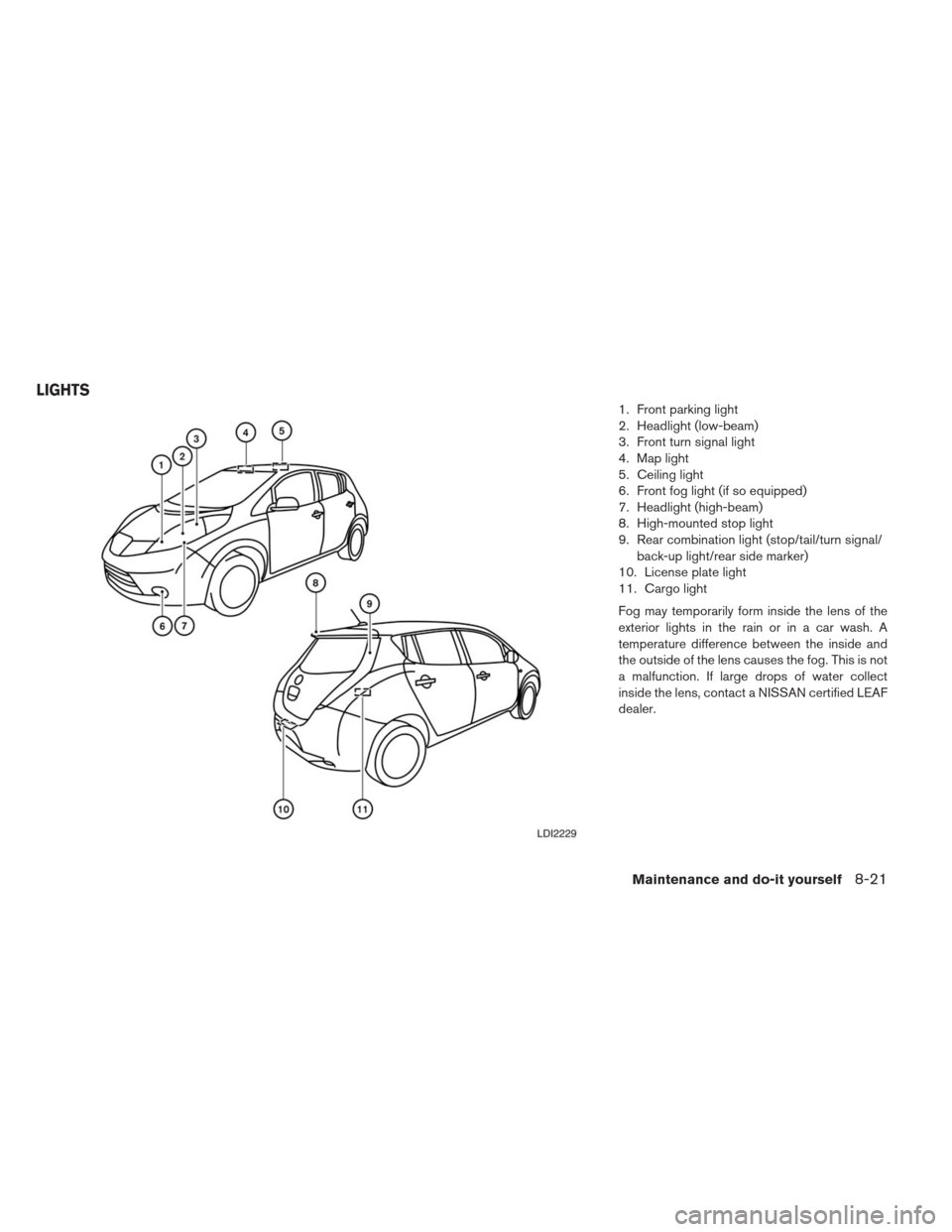 NISSAN LEAF 2013 1.G Owners Manual 1. Front parking light
2. Headlight (low-beam)
3. Front turn signal light
4. Map light
5. Ceiling light
6. Front fog light (if so equipped)
7. Headlight (high-beam)
8. High-mounted stop light
9. Rear 