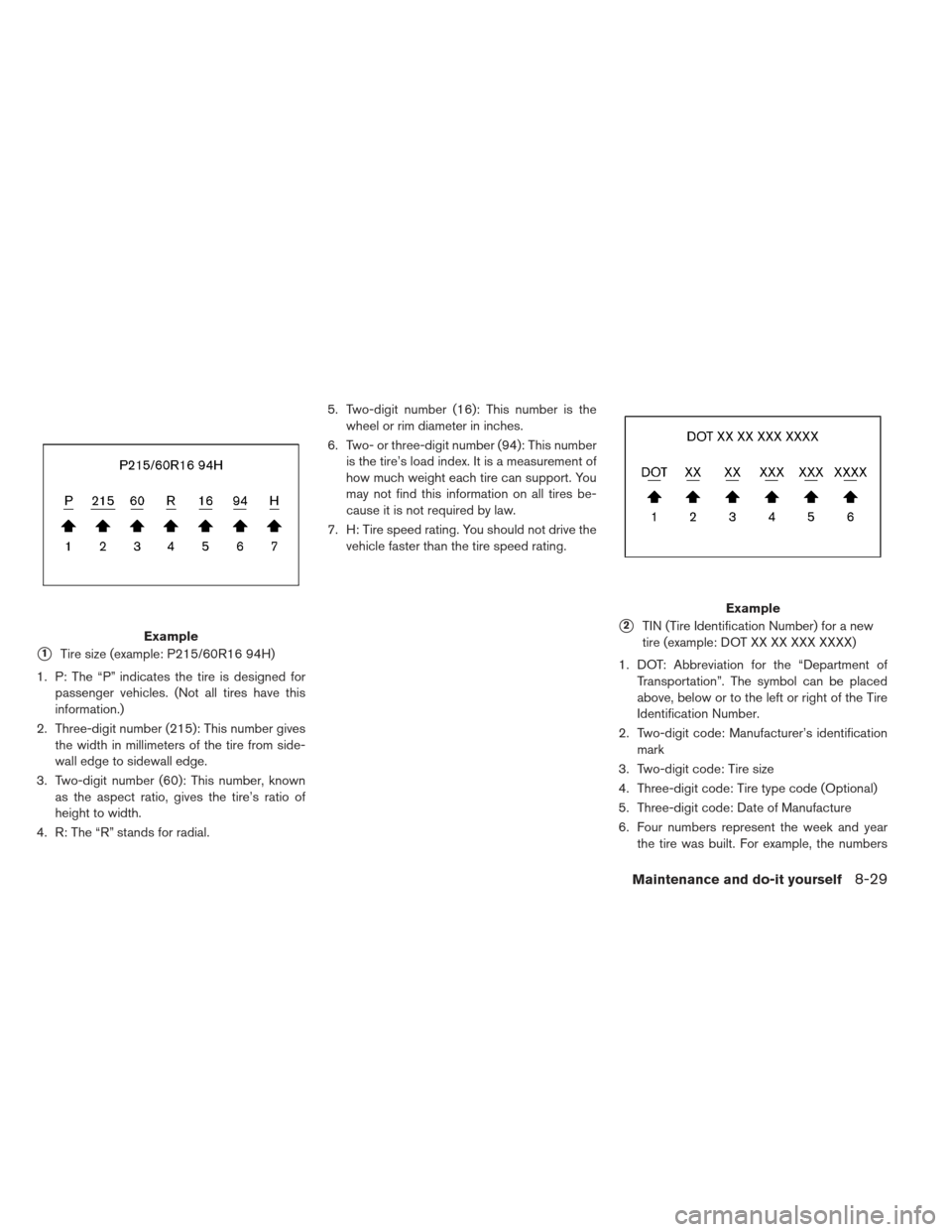 NISSAN LEAF 2013 1.G Owners Manual 1Tire size (example: P215/60R16 94H)
1. P: The “P” indicates the tire is designed for passenger vehicles. (Not all tires have this
information.)
2. Three-digit number (215): This number gives the