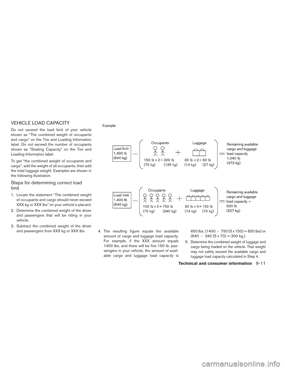 NISSAN LEAF 2013 1.G Owners Manual VEHICLE LOAD CAPACITY
Do not exceed the load limit of your vehicle
shown as “The combined weight of occupants
and cargo” on the Tire and Loading Information
label. Do not exceed the number of occu