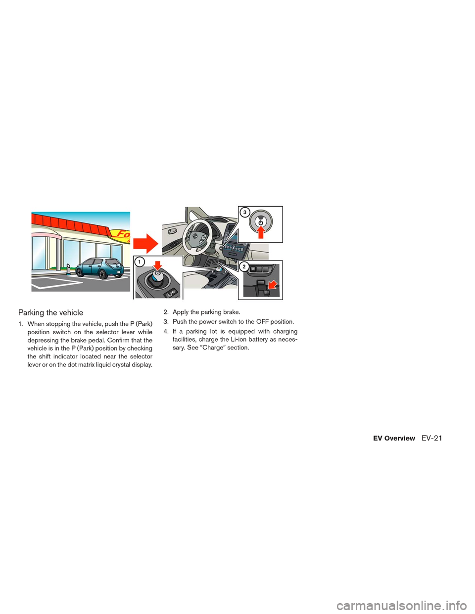 NISSAN LEAF 2013 1.G Owners Guide Parking the vehicle
1. When stopping the vehicle, push the P (Park)position switch on the selector lever while
depressing the brake pedal. Confirm that the
vehicle is in the P (Park) position by check