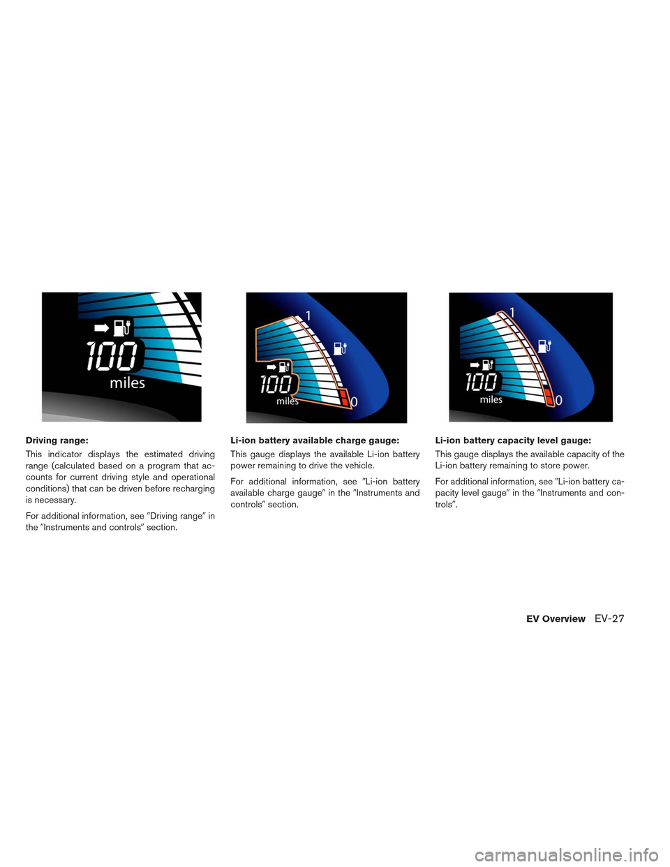 NISSAN LEAF 2013 1.G Owners Manual Driving range:
This indicator displays the estimated driving
range (calculated based on a program that ac-
counts for current driving style and operational
conditions) that can be driven before rechar