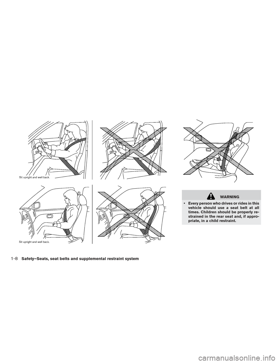 NISSAN LEAF 2013 1.G Owners Manual WARNING
 Every person who drives or rides in this vehicle should use a seat belt at all
times. Children should be properly re-
strained in the rear seat and, if appro-
priate, in a child restraint.
1-