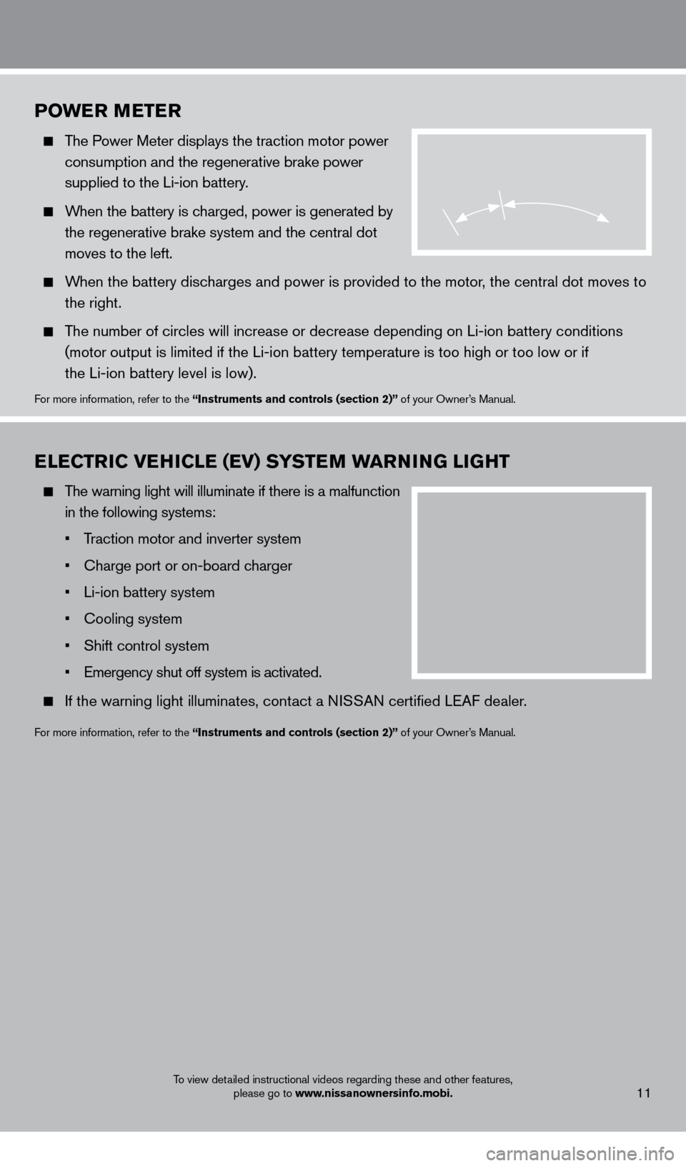 NISSAN LEAF 2013 1.G Quick Reference Guide To view detailed instructional videos regarding these and other features, please go to www.nissanownersinfo.mobi.
POwer Me T er
  The Power Meter displays the traction motor power 
 

 
consumption an