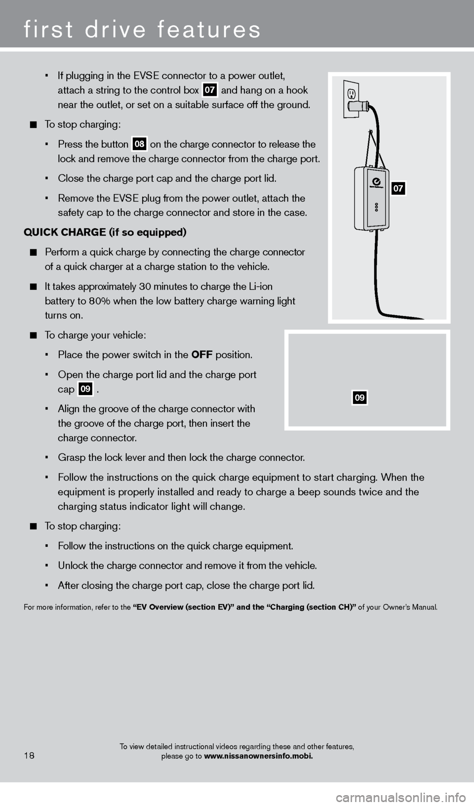 NISSAN LEAF 2013 1.G Quick Reference Guide    •   If plugging in the EV SE connector to a power outlet,   
attach a string to the control box  
07 and hang on a hook 
 
near the outlet, or set on a suitable surface off the ground.
  To stop 