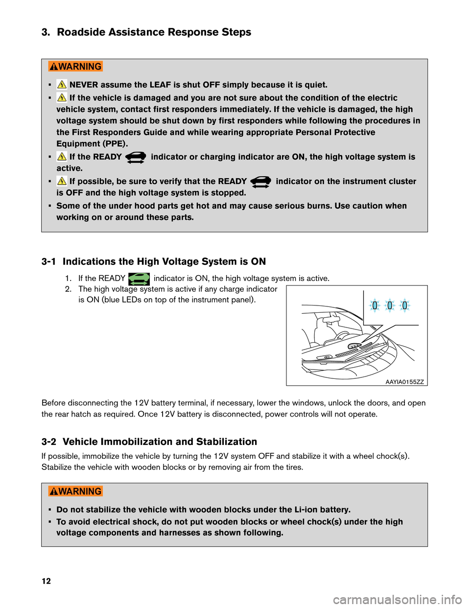 NISSAN LEAF 2013 1.G Roadside Assistance Guide 3. Roadside Assistance Response Steps
• NEVER assume the LEAF is shut OFF simply because it is quiet.
• If the vehicle is damaged and you are not sure about the condition of the electric
vehicle s