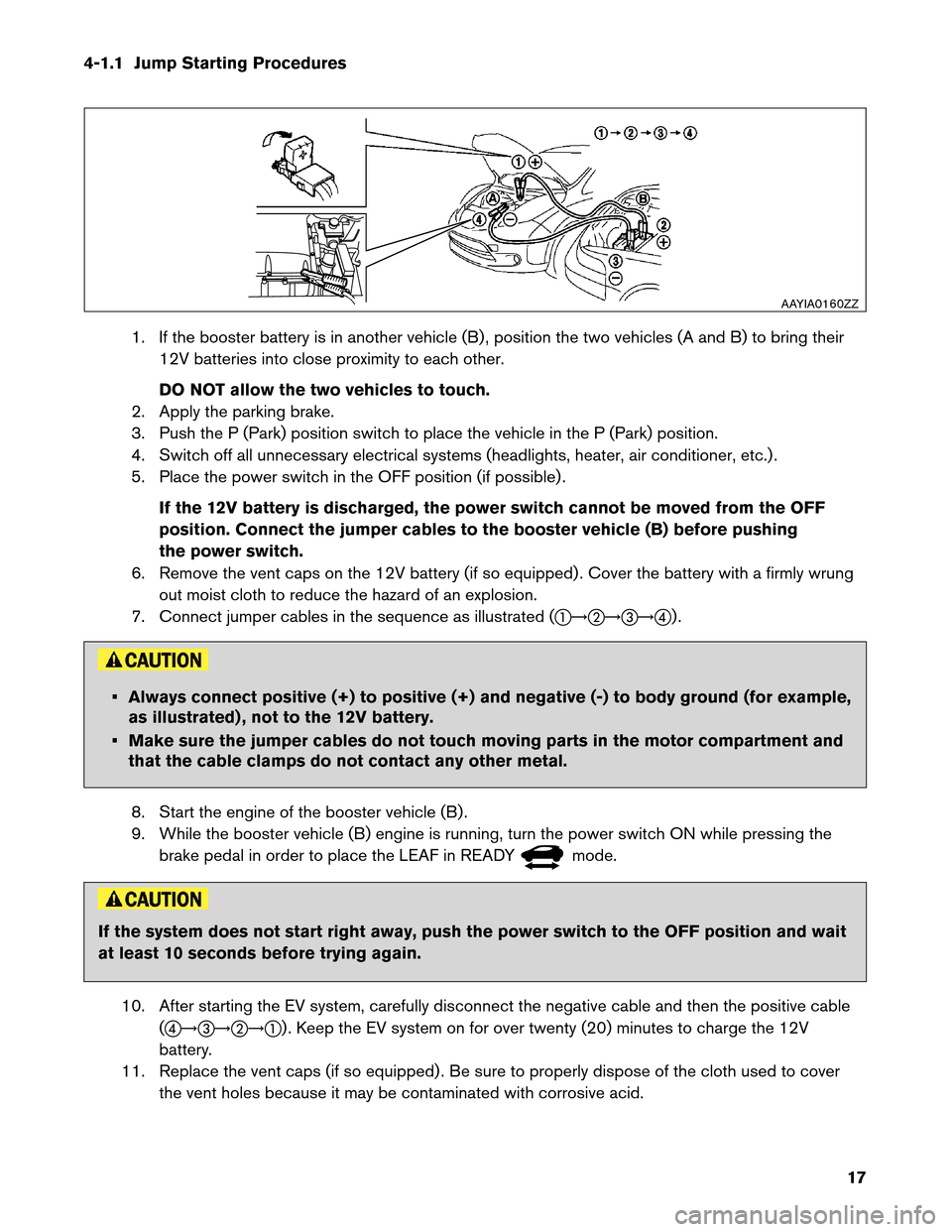 NISSAN LEAF 2013 1.G Roadside Assistance Guide 4-1.1 Jump Starting Procedures
1. If the booster battery is in another vehicle (B) , position the two vehicles (A and B) to bring their
12V batteries into close proximity to each other.
DO NOT allow t NISSAN LEAF 2013 1.G Roadside Assistance Guide 4-1.1 Jump Starting Procedures
1. If the booster battery is in another vehicle (B) , position the two vehicles (A and B) to bring their
12V batteries into close proximity to each other.
DO NOT allow t