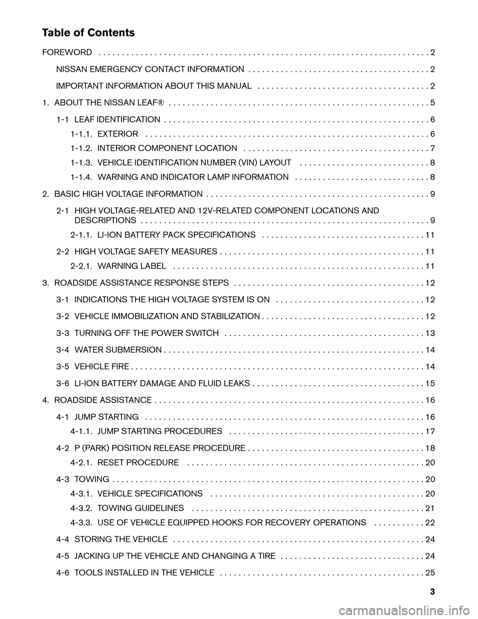 NISSAN LEAF 2013 1.G Roadside Assistance Guide Table of Contents
FOREWORD
. . . . . . . . . . . . . . . . . . . . . . . . . . . . . . . . . . . . . . . . . . . . . . . . . . . . . . . . . . . . . . . . . . . . . . . 2
NISSAN EMERGENCY CONTACT INFO NISSAN LEAF 2013 1.G Roadside Assistance Guide Table of Contents
FOREWORD
. . . . . . . . . . . . . . . . . . . . . . . . . . . . . . . . . . . . . . . . . . . . . . . . . . . . . . . . . . . . . . . . . . . . . . . 2
NISSAN EMERGENCY CONTACT INFO