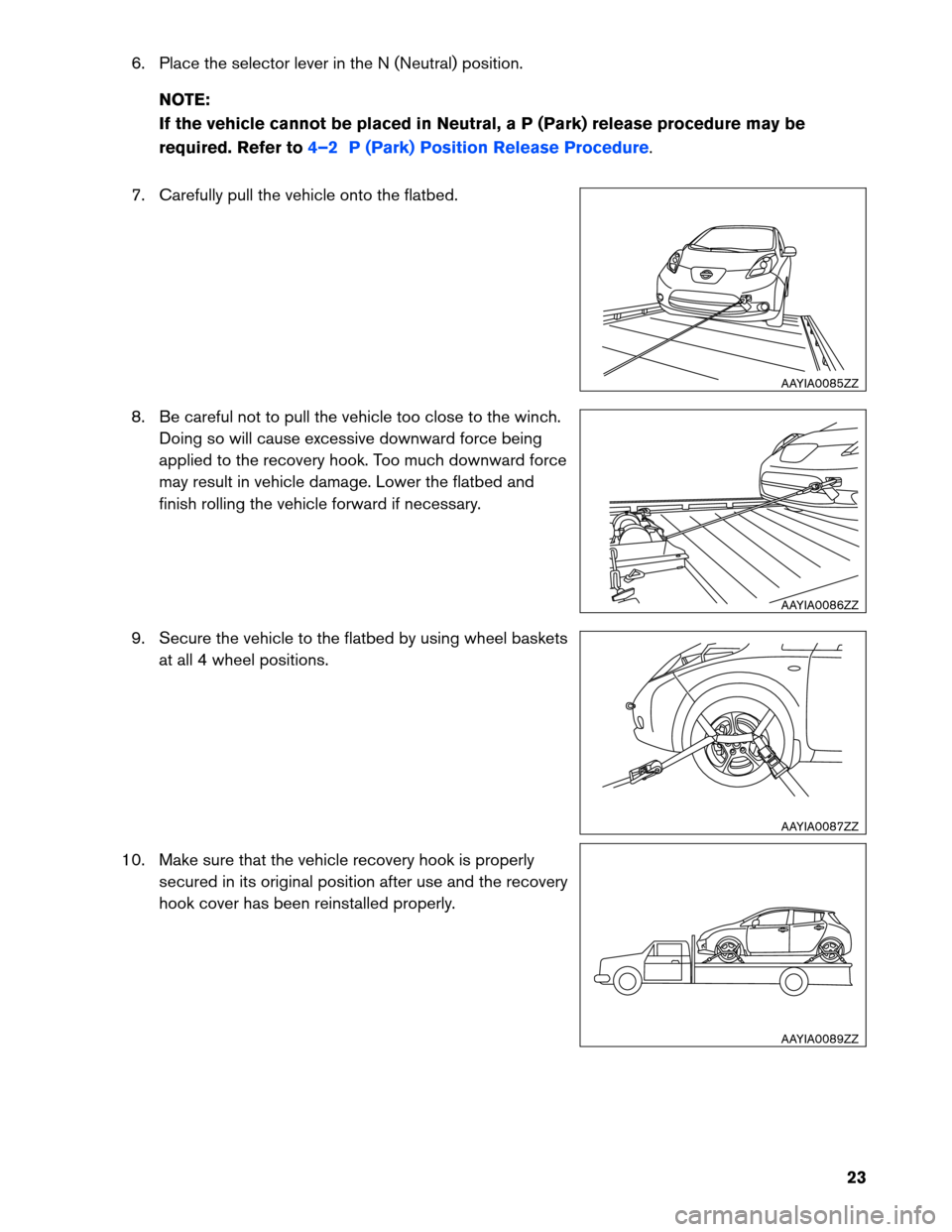 NISSAN LEAF 2013 1.G Roadside Assistance Guide 6. Place the selector lever in the N (Neutral) position.
NO TE:
If the vehicle cannot be placed in Neutral, a P (Park) release procedure may be
required. Refer to 4–2 P (Park) Position Release Proce