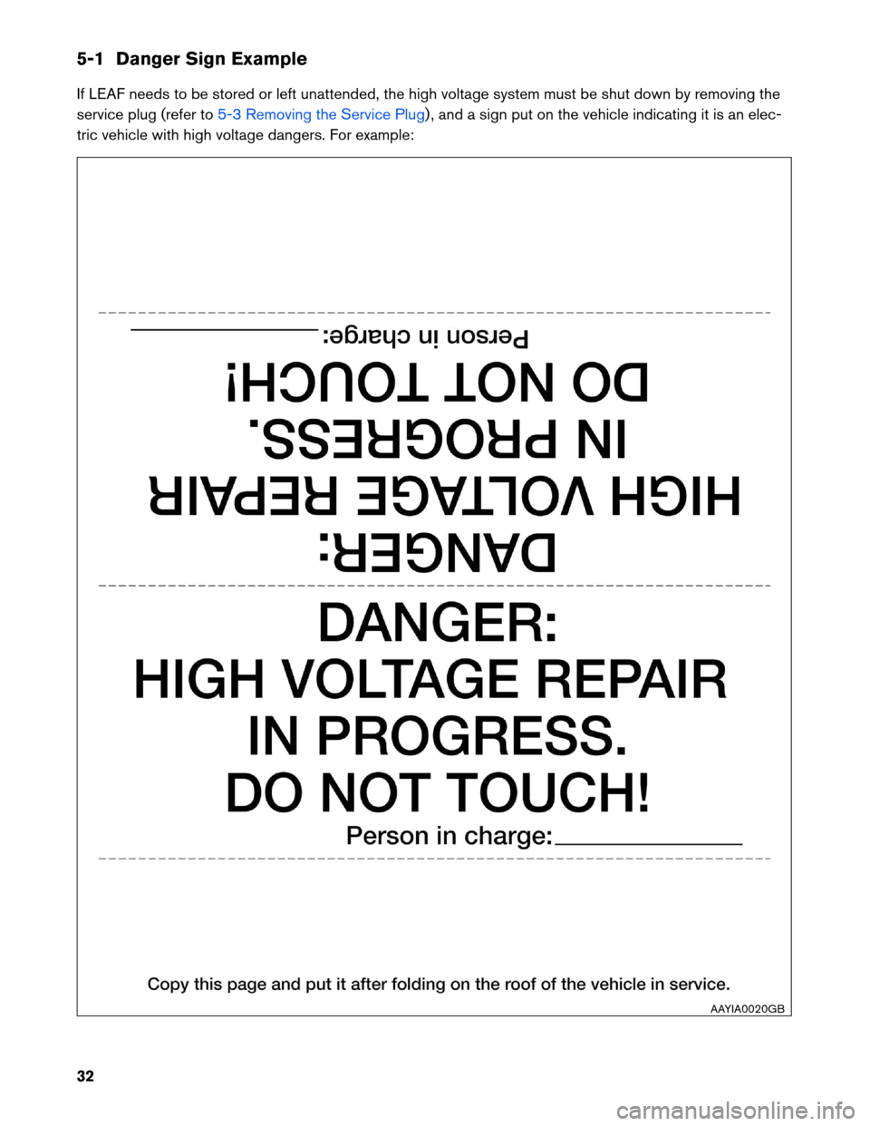 NISSAN LEAF 2013 1.G Roadside Assistance Guide 5-1 Danger Sign Example
If
LEAF needs to be stored or left unattended, the high voltage system must be shut down by removing the
service plug (refer to 5-3 Removing the Service Plug) , and a sign put 