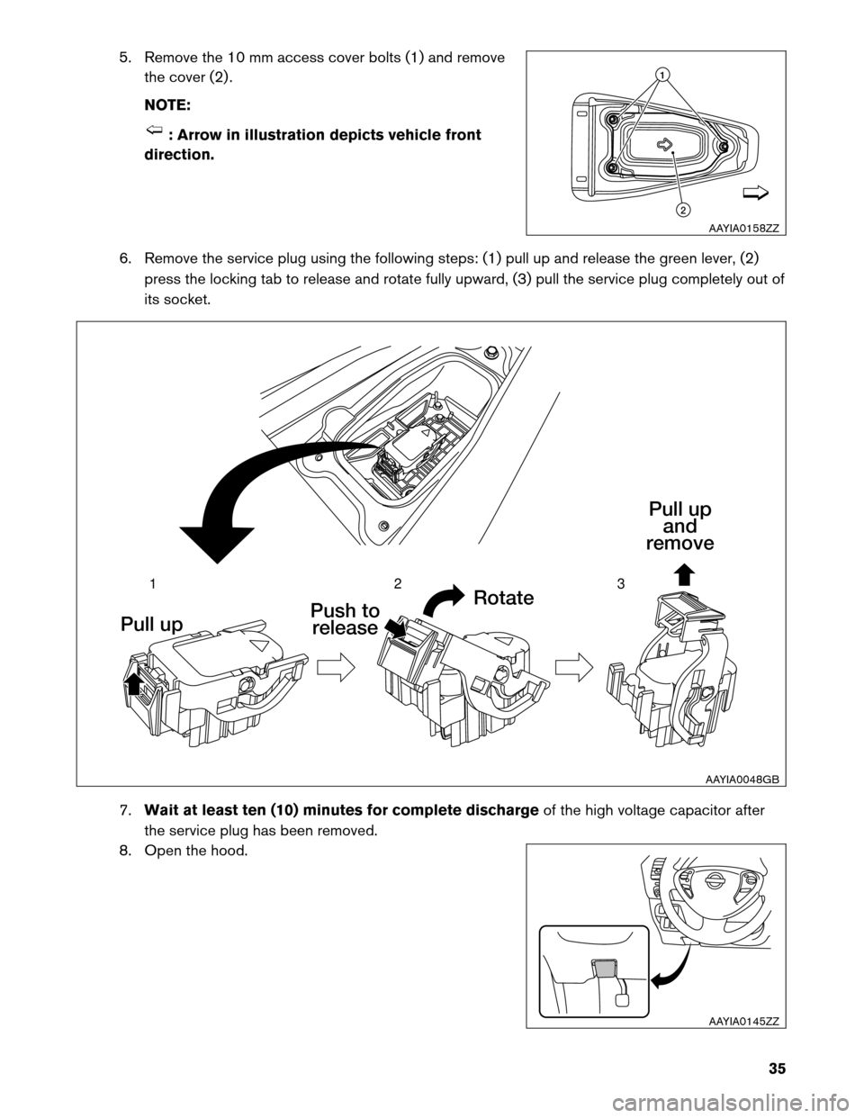 NISSAN LEAF 2013 1.G Roadside Assistance Guide 5. Remove the 10 mm access cover bolts (1) and remove
the cover (2) .
NOTE: : Arrow in illustration depicts vehicle front
direction.
6.

Remove the service plug using the following steps: (1) pull up 