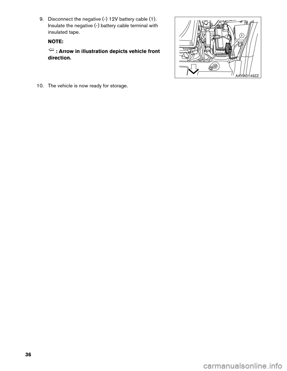 NISSAN LEAF 2013 1.G Roadside Assistance Guide 9. Disconnect the negative (-) 12V battery cable (1) .
Insulate the negative (-) battery cable terminal with
insulated tape.
NOTE: : Arrow in illustration depicts vehicle front
direction.
10.

The veh