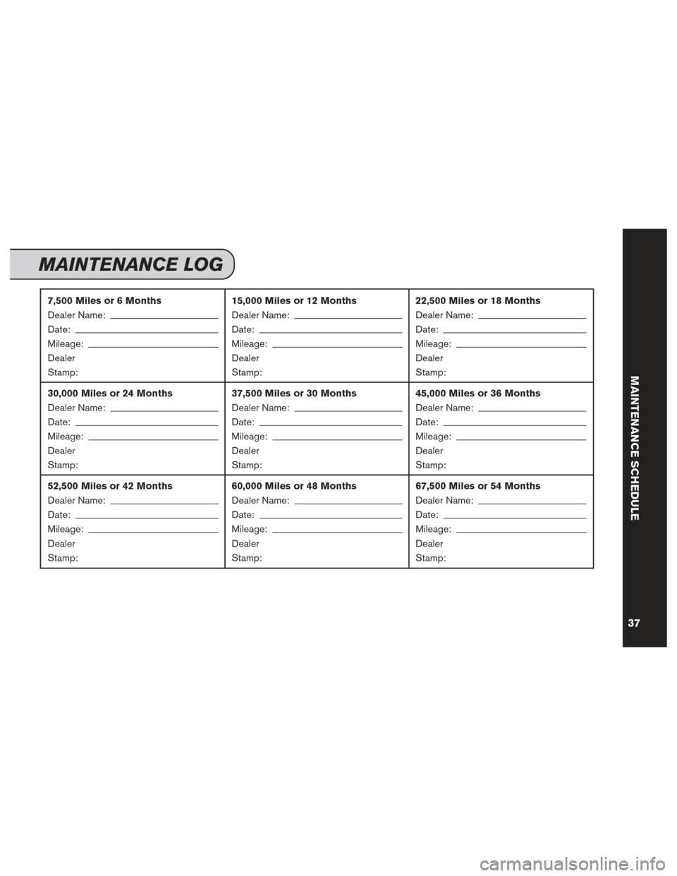 NISSAN LEAF 2013 1.G Service And Maintenance Guide 7,500 Miles or 6 Months
Dealer Name:
Date:
Mileage:
Dealer
Stamp:15,000 Miles or 12 Months
Dealer Name:
Date:
Mileage:
Dealer
Stamp:22,500 Miles or 18 Months
Dealer Name:
Date:
Mileage:
Dealer
Stamp:
