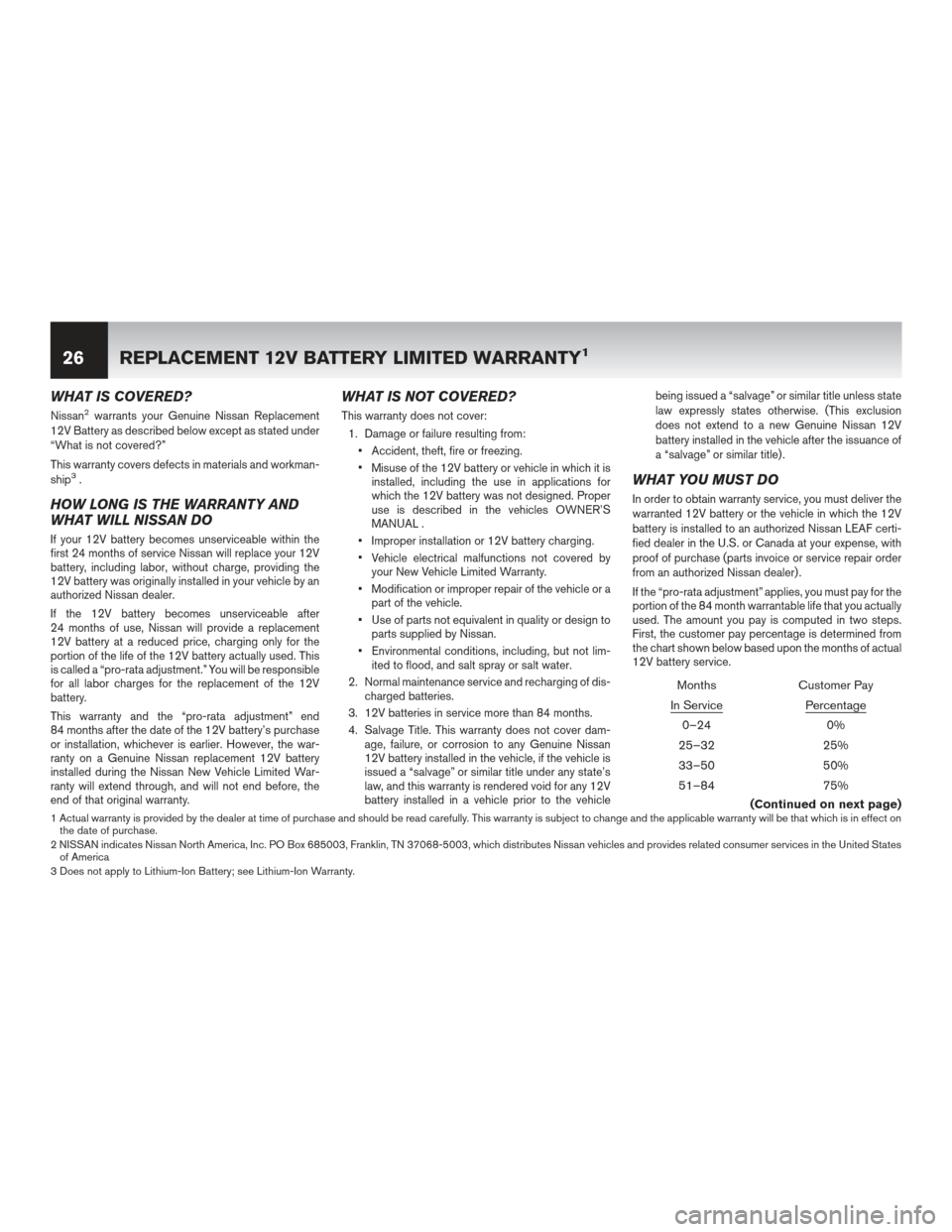 NISSAN LEAF 2013 1.G Warranty Booklet WHAT IS COVERED?
Nissan2warrants your Genuine Nissan Replacement
12V Battery as described below except as stated under
“What is not covered?”
This warranty covers defects in materials and workman- NISSAN LEAF 2013 1.G Warranty Booklet WHAT IS COVERED?
Nissan2warrants your Genuine Nissan Replacement
12V Battery as described below except as stated under
“What is not covered?”
This warranty covers defects in materials and workman-