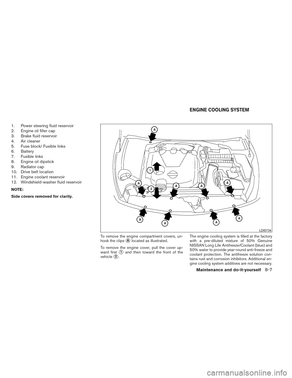 NISSAN MAXIMA 2013 A35 / 7.G Owners Manual 1. Power steering fluid reservoir
2. Engine oil filler cap
3. Brake fluid reservoir
4. Air cleaner
5. Fuse block/ Fusible links
6. Battery
7. Fusible links
8. Engine oil dipstick
9. Radiator cap
10. D NISSAN MAXIMA 2013 A35 / 7.G Owners Manual 1. Power steering fluid reservoir
2. Engine oil filler cap
3. Brake fluid reservoir
4. Air cleaner
5. Fuse block/ Fusible links
6. Battery
7. Fusible links
8. Engine oil dipstick
9. Radiator cap
10. D
